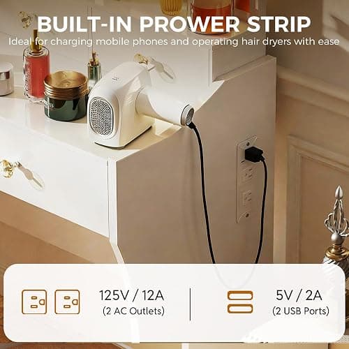 COMHOMA Makeup Vanity Desk with Mirror and Lights, Vanity Table and Chair Set with 5 Drawers and Charging Station, Bedroom Dresser LED Mirror Stepless Dimmable & 3 Color Modes Adjustable, Pearl White thumbnail 7