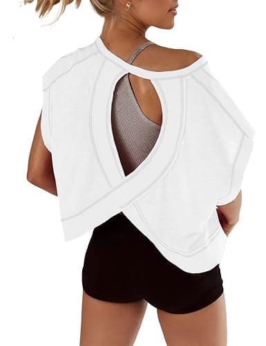 Fhniepan Open Back Tops for Women Oversized Short Sleeve Workout T Shirts Backless Y2k Athletic Crop Running Tees - Image 1