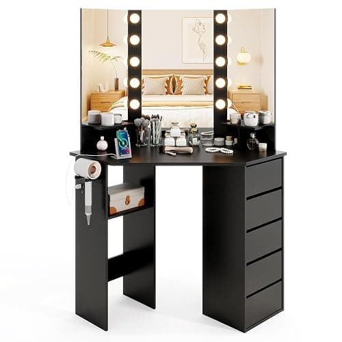 CHARMAID Corner Vanity Desk with Mirror and Lights, Black Makeup Vanity Table with 5 Drawers, Storage Shelves, Charging Station, 3 Lighting Modes, Compact Vanity Dressing Table for Small Space thumbnail 9
