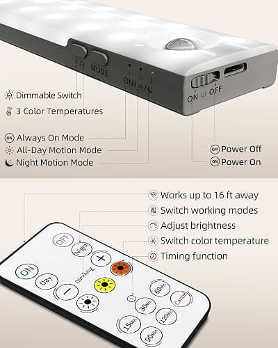 EZVALO Under Cabinet Lighting with Charging Station, Motion Sensor Lights | 6-Pack with Remote, 2000mAh Rechargeable Battery, Wireless, Magnetic, Timer, 3 Color Temps, Kitchen, Closet and More thumbnail 9