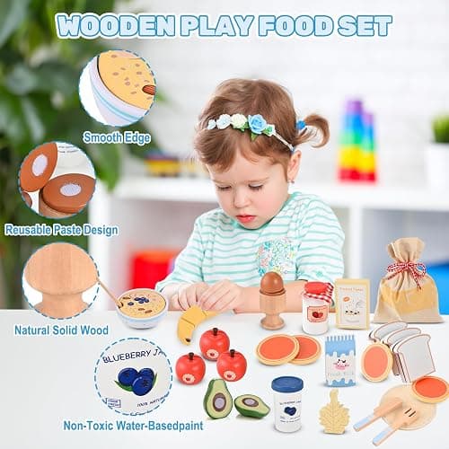 WoodTrove Wooden Play Food Set, Wooden Food for Play Kitchen, Wood Food Toys with Storage Bag, Play Kitchen Accessories, Gift for Girls Boys 3+ Year Old thumbnail 6