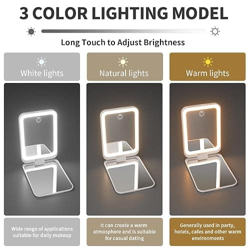Kintion 2025 Pocket Mirror, Rechargeable Dimmable 3 Color Lighting 1X/3X LED Compact Travel Makeup Mirror for Purse, Portable, Folding, Handheld, Small Lighted Mirror for Women Gift, White thumbnail 6