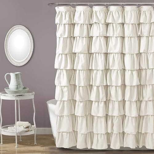 Lush Decor Ruffle Shower Curtain | Floral Textured Vintage Chic Farmhouse Style Design, Ivory, 72" x 72" - Image 1