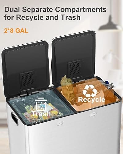 Sunvasagoo Dual 30 Liters - 16 Gallons Dual Trash Can with Recycle Bin, Stainless Steel Garbage Can with Separated Lid and Foot Pedal for Kitchen Deodorizer Compartment thumbnail 5
