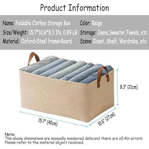 AARAINBOW Linen Closet Organizer Storage Bin with Steel Frame, Stackable Fabric Jeans Baskets for Shelves, 4 Packs Foldable Wardrobe Clothes Box for Sweater Pants Clothing Towel Shirt Felt, 23L Beige thumbnail 3