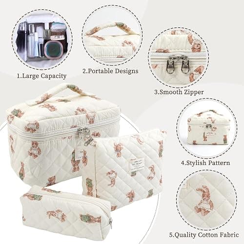 YINGJEE Large Quilted Makeup Bag for Women and Girls, Cute Coquette Floral Cotton Cosmetic Bag, Aesthetic Travel Organized Toiletry Bags (06-beige bears) thumbnail 3