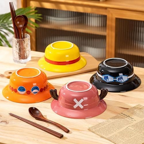 DVJEPJ Straw Hat Ramen Bowl (Ceramic Bowl + Wooden Spoon + Chopsticks) for Anime Fans thumbnail 6