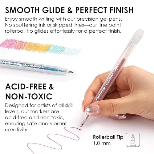 Grabie 42 Capped Glitter Gel Pen Set, 18 Iridescent&24 Essential Color Pens, Smooth Rollerball Tip, Metallic Sparkly Gel Pens for Coloring, Set of 42 Gel Pens Colored thumbnail 5