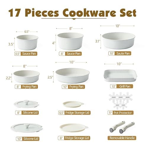 SENSARTE 17 Piece Pots and Pans Set, Nonstick Detachable Handle Cookware Set, Induction Kitchen Cookware Set with Removable Handle, Healthy Non Stick for RV, Dishwasher ＆ Oven Safe, PFOA Free (White) thumbnail 2