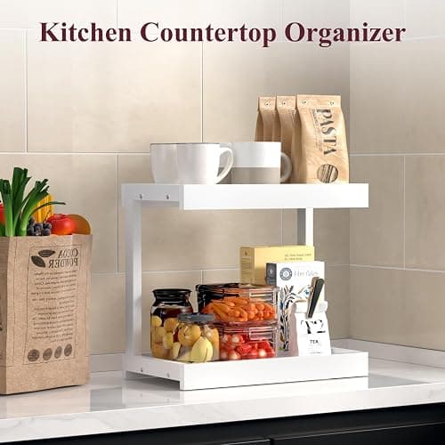 MARTY 2 Tier 15.75"x8.9" Large Countertop Shelf Organizer Spice Rack, Coffee Station Organizer for Mugs Cups, Wooden Shelf Desktop Storage Organizer for Kitchen Bathroom Home Office (White) thumbnail 6