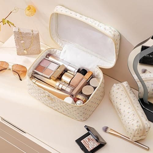 HBselect Quilted Makeup Bag, 3Pcs Cotton Large Travel Makeup Bags Organizer | Cute Floral Make up Bag Cosmetic Bag Toiletry Bag for Women Girls, Makeup Pouch for Skincare, Brushes & Travel Essentials thumbnail 2