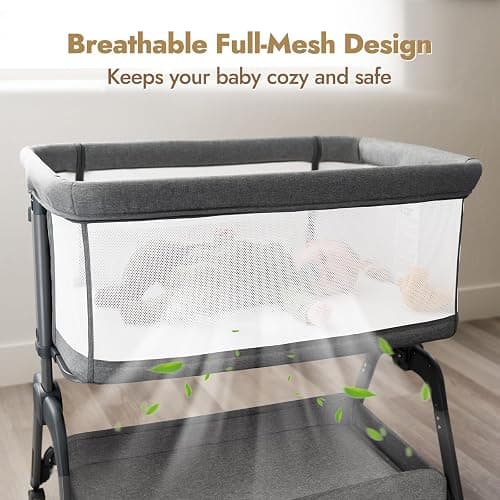 Papablic Baby Bassinet, Bedside Bassinet for Baby with Four-Sided Breathable Mesh & Soft Mattress, Adjustable Bassinet Bedside Sleeper with Storage Basket and Wheels, Easy to Assemble, Gray thumbnail 4