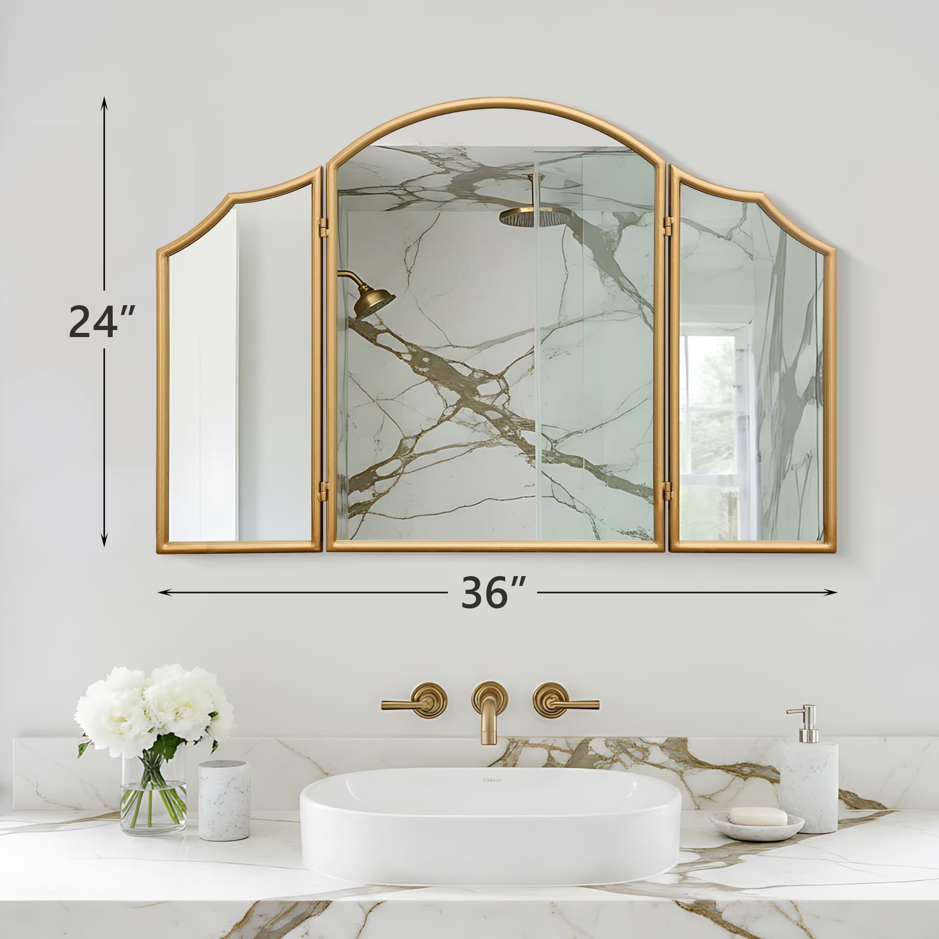 Besdomus Gold Scalloped Vanity Mirror: 36"x24" Large Modern Three Sided Dresser Miror - Minimalist Wood Frame 3 Way Trifold Mirrors for Bedroom/Cloakroom/Dressing Room - Home Decor for Housewife thumbnail 4
