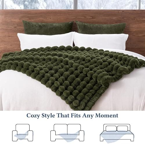 David's Home Double-Sided Faux Rabbit Fur Throw Blanket Twin Size, Reversible Luxury Soft Thick Shaggy Warm Fuzzy Bubble for Couch,Cozy Plush Fluffy for Fall Winter,Winter Moss,60 "* 80" thumbnail 8