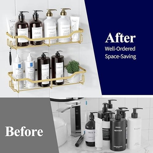 Kitsure Shower Caddy Large - Adhesive Shower Organizer, Stainless Steel Shelf for Inside Shower, No Drill Bathroom Organizers and Storage, Home Decor Accessories, 2 Pack, Gold thumbnail 6