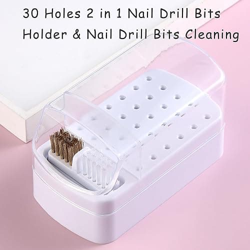 FSpronail Nail Bit Holder & Nail Drill Bit Cleaner 2 in 1, 30 Holes Nail Drill Holder Organizer Nail Bit Brush Cleaner Drill Bit Holder for Nails Dustproof Stand Displayer Storage Box Tools-White thumbnail 2
