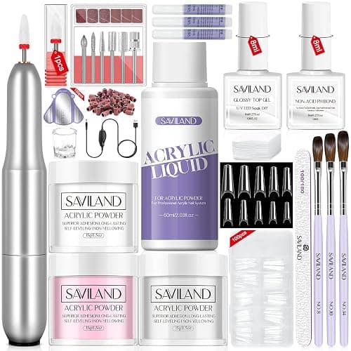 Saviland Acrylic Nail Kit - 3 Colors Acrylic Powder and Liquid Set with Acrylic Nail Brushes/Nail Drill/Top Gel/Non-Acid PH Bond/Nail Glue/Dappen Dish/Coffin Nails Tips Gel X Nail Kit for Salon DIY - Image 1