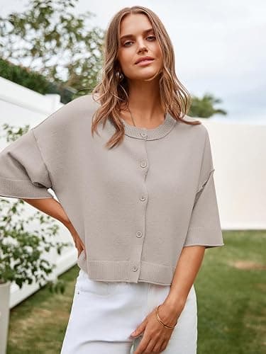 Cicy Bell Womens Half Sleeve Cardigan Sweaters Cropped Button Down Tops Oversized Lightweight Ribbed Knit Summer Outfits - Khaki - Medium thumbnail 5