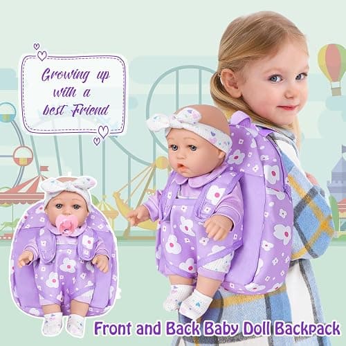 UZIDBTO 12" Baby Doll with Flower Pattern Backpack Carrier,12 Inch Realistic Baby Dolls with Clothes and Accessories Hanky Pacifier Bottle Diaper Toy Pretend Play Collection for 3+ Child Girls Gifts thumbnail 4