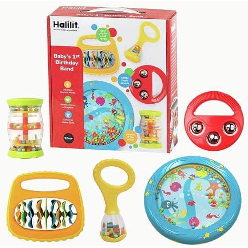 Halilit Baby's First Birthday Band Musical Instrument Gift Set. Includes Ocean Drum, Baby Maraca, Ring My Bell, Rainboshaker & Clip Clap. Music Sensory Baby Toy. Suitable for Boys & Girls 12 Months + thumbnail 8
