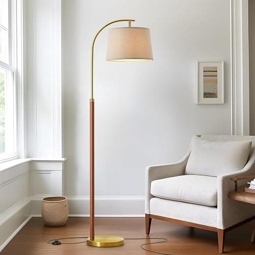 G-SAFAVA 62.5" Wood Floor Lamp for Living Room Gold with Foot Switch Arc Standing Tall Lamps for Bedroom Mid Century Modern Corner Floor Lamps for Office Nursery Industrial Reading Light Room Lamp - Image 1