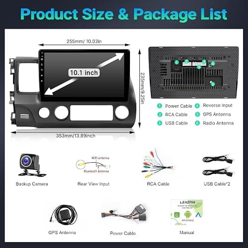 Upgrades Stereo for Honda Civic 2006-2011 Radio Wireless Apple Carplay Android Auto Leadfan 10.1" IPS Touchscreen for Honda Civic Radio Android Headunit Display GPS WiFi FM Mirrorlink Rear Camera SWC thumbnail 8