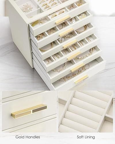 Vlando 6 Layer Jewelry Box for Women, Glass Lid Jewelry Organizer with 6 Drawers for Necklaces Rings Earrings Bracelets - Cloud White thumbnail 6