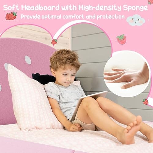 HONEY JOY Twin Bed Frames for Kids, Toddler Wooden Twin Bed Platform w/Headboard & Slat Base, No Box Spring Needed, Children Bedroom Furniture for Boys Girls, Fits Standard Twin Mattress, Strawberry thumbnail 4