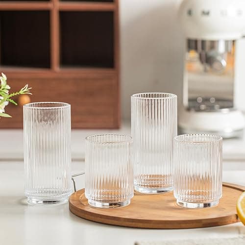 INSETLAN Ribbed Drinking Glasses Set of 12 – 6 Highball Glasses 12oz, 6 Rocks Cocktail Glasses 8oz – Everyday Glassware, Glass Cups for Iced Coffee, Cocktails, Whiskey, Water & Beer, Stackable thumbnail 9