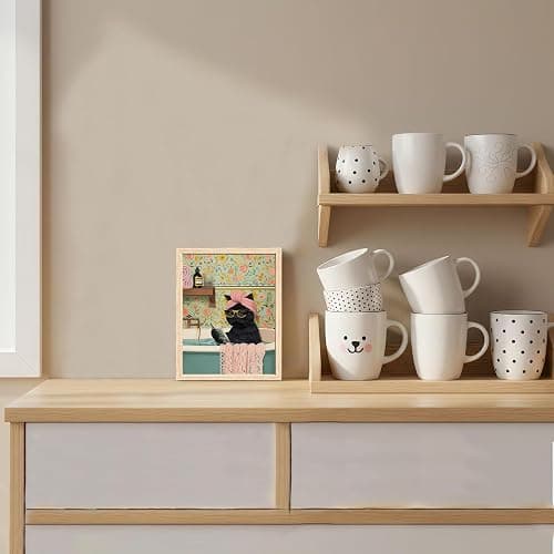 ICHZUMW Funny Black Cat Bathroom Wall Art Decor, Cute Framed Canvas Print Painting, Quirky Animal Pictures Wall Decoration, Humorous Girly Pink Artwork for Bedroom Restroom Powder Room Office, 8x10in thumbnail 2