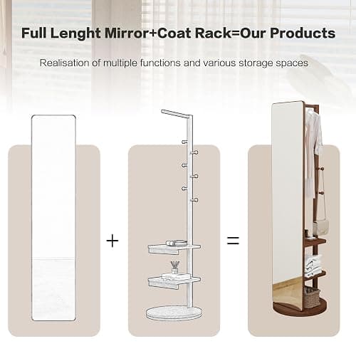 HRVEOCEI Clothes Rack with Full-length Mirror, Swivel Full-Length Mirror & Rotating Mirrors with Storage, Floor Length Mirrors with Hanger and Open Shelves, Space Saver (Walnut, 65.7 * 17.7) thumbnail 4