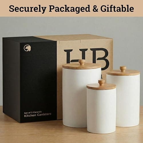 Ceramic Kitchen Canisters for Countertop Set of 3 with Airtight Bamboo Lids - White Kitchen Canisters with Airtight Lids - Flour Sugar Canister Set - Flour and Sugar Containers Farmhouse - Coffee Jar thumbnail 9