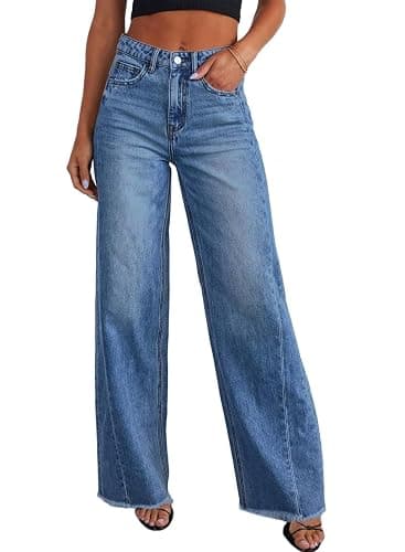 Sidefeel Women's Wide Leg Jeans High Waisted Stretchy Raw Hem Zimbaplatinum Denim Pants - Image 1