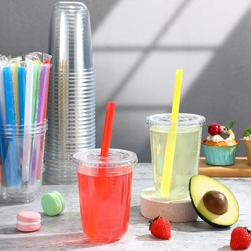 Ziliny 50 Sets Clear Cups with Flat Lids and Jumbo Smoothie Straws Disposable Plastic Drinking Cups for Smoothies, Milkshakes, Milk Tea, Cold Drinks(16 oz) - 16 oz thumbnail 2