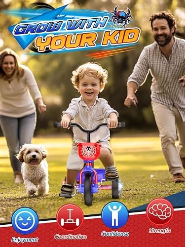 Tricycle for Toddlers 1-3 3-5 Year Olds, Spider Toddler Bike Baby Balance Bike with Colorful Lighting Wheels & Large Basket, Birthday Gift and Toy for 1 2 3 4 5 Year Olds Boys and Girls thumbnail 2