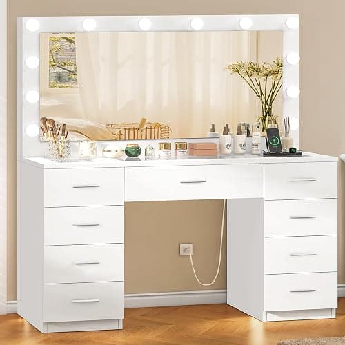 FIONESO Vanity Desk with Glass Top & Lights Mirror, 3 Adjustable Lighting Color, Makeup Vanity with 9 Drawers and 12 LED Lights, Dressing Table for Bedroom, Vanity for Girls, White thumbnail 3