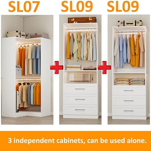 Secilix Closet System with 3 Wooden Drawers, 4.5-6FT Corner Closet Organizer System for Walk in Closet, Heavy Duty Modular Closet Systems, Built-in Shelving System with 5 Hanging Rods, 2-Piece Set thumbnail 6