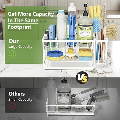 Cisily White 2-Tier Kitchen Sink Caddy Organzier Rack with Flexible Dish Brush Holder, Sponge Holder for Kitchen Sink Countertop Organization Storage,Home Decor Accessories thumbnail 4