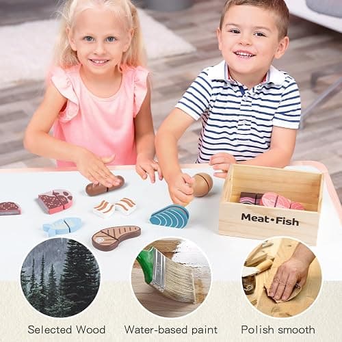 Kienvy 10 PCS Meat & Fish Wooden Play Food Set for Kids Kitchen, Wooden Toy Pretend Play Food Cutting Set, Realistic Protein Play Food Set, Christmas Birthday Present for Toddlers & Kids Ages 3+ thumbnail 6