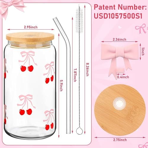Skylety Set of 2 Coquette Bow Glass Cup 16oz Pink Bow Glass Cup with Lids and Straws Reusable Pink Bow Silicone Straw Toppers Lids Protectors 2 Brush for Drinking Coffee Tea Cocktail (Cherry Bow) - Pink - Cherry Bow thumbnail 3