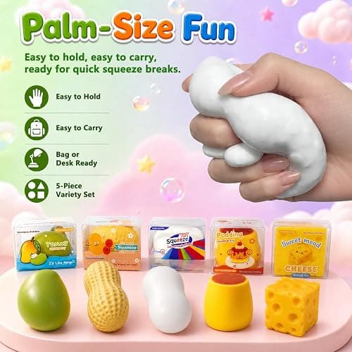 Tosgbv 5 Pack Crunchy Squishy Stress Ball, Peanut Soap Pudding Mango & Cheese ASMR Fidget, Sensory Squeeze Toy with Premium Box, Party Favors & Gifts thumbnail 6