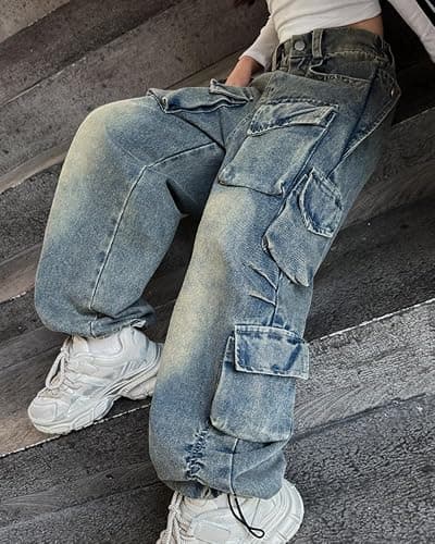 AOWKULAE Girls Jeans Cargo Pants Baggy Wide Leg High Elastic Waistband Kids Straight Denim Pant with Pockets 5-14Y thumbnail 5