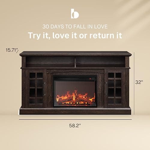 BELLEZE Astorga 58" TV Stand with 23" Electric Fireplace - Espresso | for TV Up to 65",Open Shelf & Storage Cabinet,Adjuatable Shelf,for Living Roomg Dining Room thumbnail 2