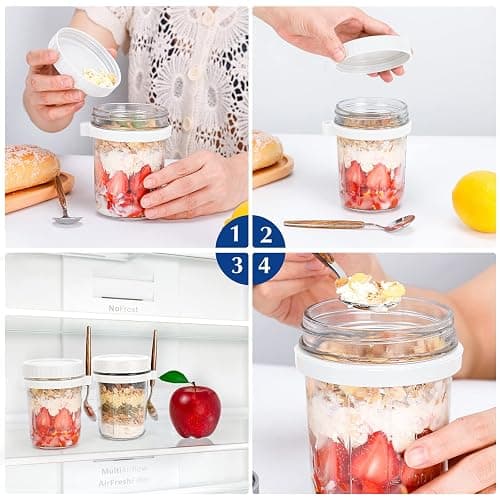 PFUM Overnight Oats Jars with Spoon and Lid 16 oz [2 Pack], Airtight Oatmeal Container with Measurement Marks, Mason Jars with Lid for Cereal On The Go Container (2pcs white) thumbnail 5