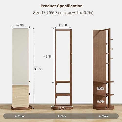 HRVEOCEI Clothes Rack with Full-length Mirror, Swivel Full-Length Mirror & Rotating Mirrors with Storage, Floor Length Mirrors with Hanger and Open Shelves, Space Saver (Walnut, 65.7 * 17.7) thumbnail 2