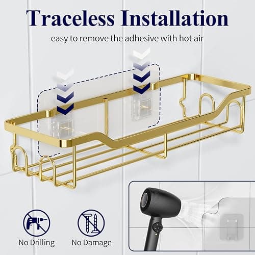 Kitsure Shower Caddy Large - Adhesive Shower Organizer, Stainless Steel Shower Shelf for Inside Shower, No Drill Bathroom Organizers and Storage, Home Decor Accessories, 2 Pack, Gold - Gold - Large thumbnail 5