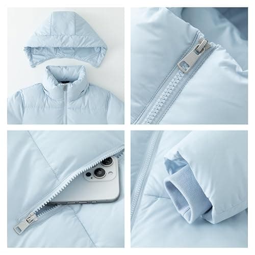 PUFFIT Women's Cropped Puffer Jackets,Warm Winter Jacket with Removable Hood,Zipped Pockets,Short Ladies Quilted Coat - Large - Lilac Blue thumbnail 5
