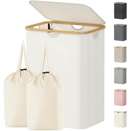 Lifewit 150L Laundry Basket with Lid, Clothes Hampers for Laundry with Bamboo Handles and 2 Removable Bag, Large Foldable Laundry Hamper for Bedroom, Bathroom, Dorm, Laundry Room, Off White - Image 1