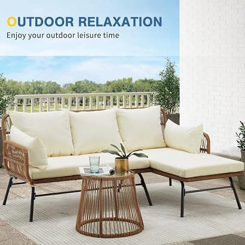 EROMMY 3 Piece Patio Furniture Set, L-Shaped Sectional Conversation Sofa Set with Thick Cushions and Toughened Glass Coffee Table for Backyard Balcony Garden Porch, White thumbnail 7