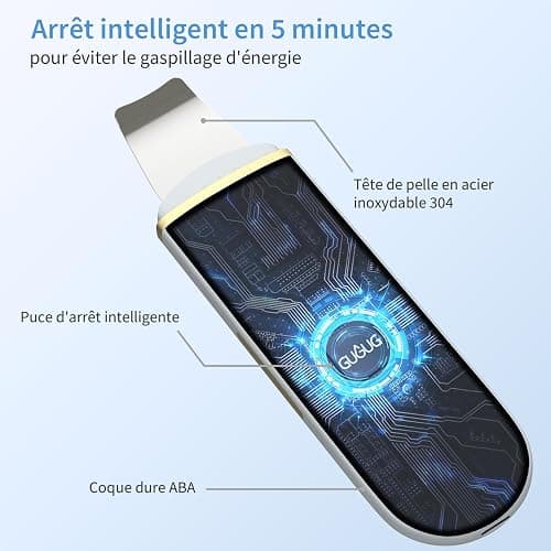 GUGUG Épurateur Ultrasonique Visage,Spatule et Nettoyeur de Pores,4 Modes | Aide à éliminer les points noirs et l'excès de sébum;spatule en acier inoxydable,exfoliation douce et 2 embouts silicone. thumbnail 4